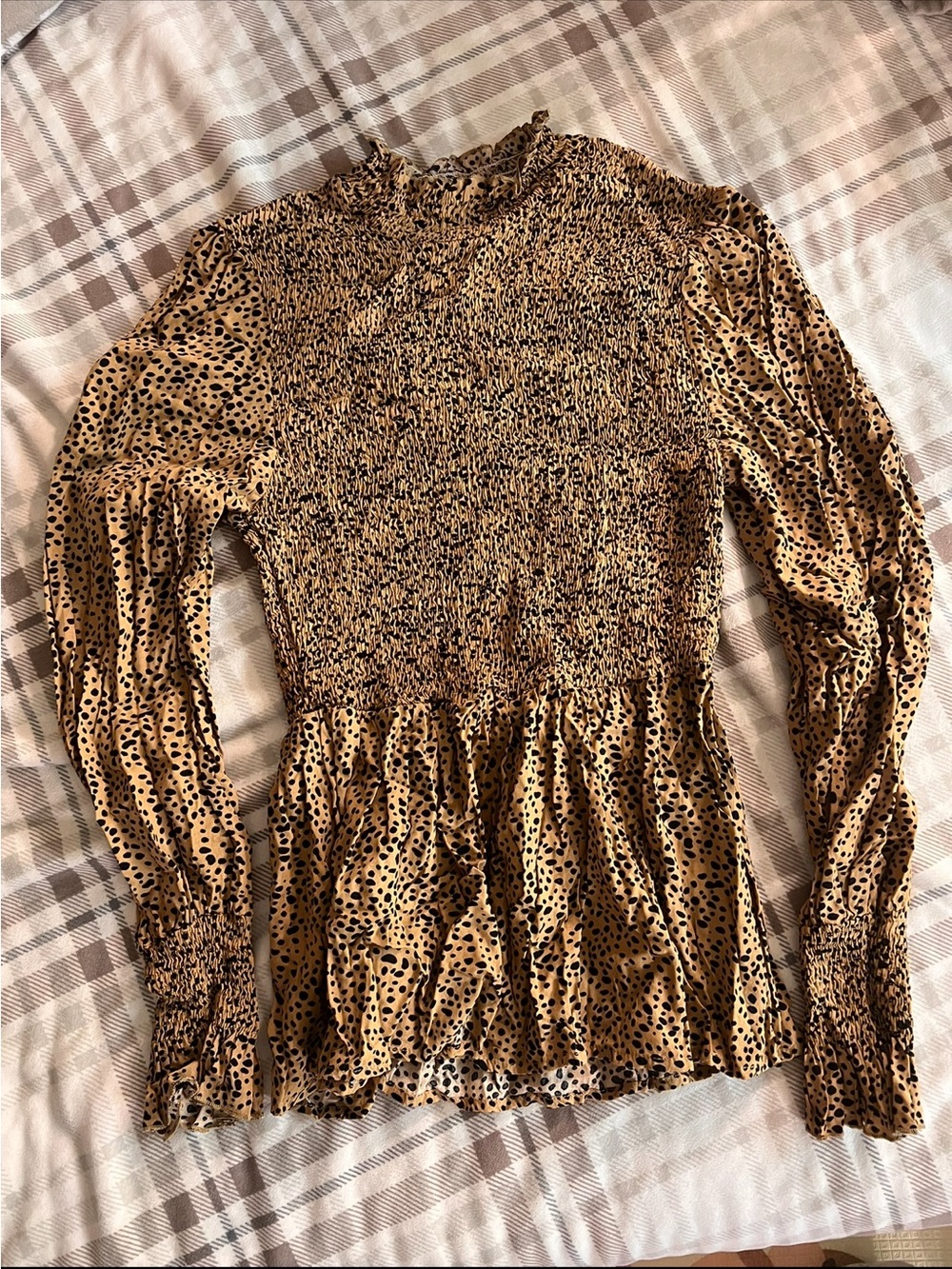 Leopard Print Smocked Peplum Long-Sleeve Blouse - Tan/Black